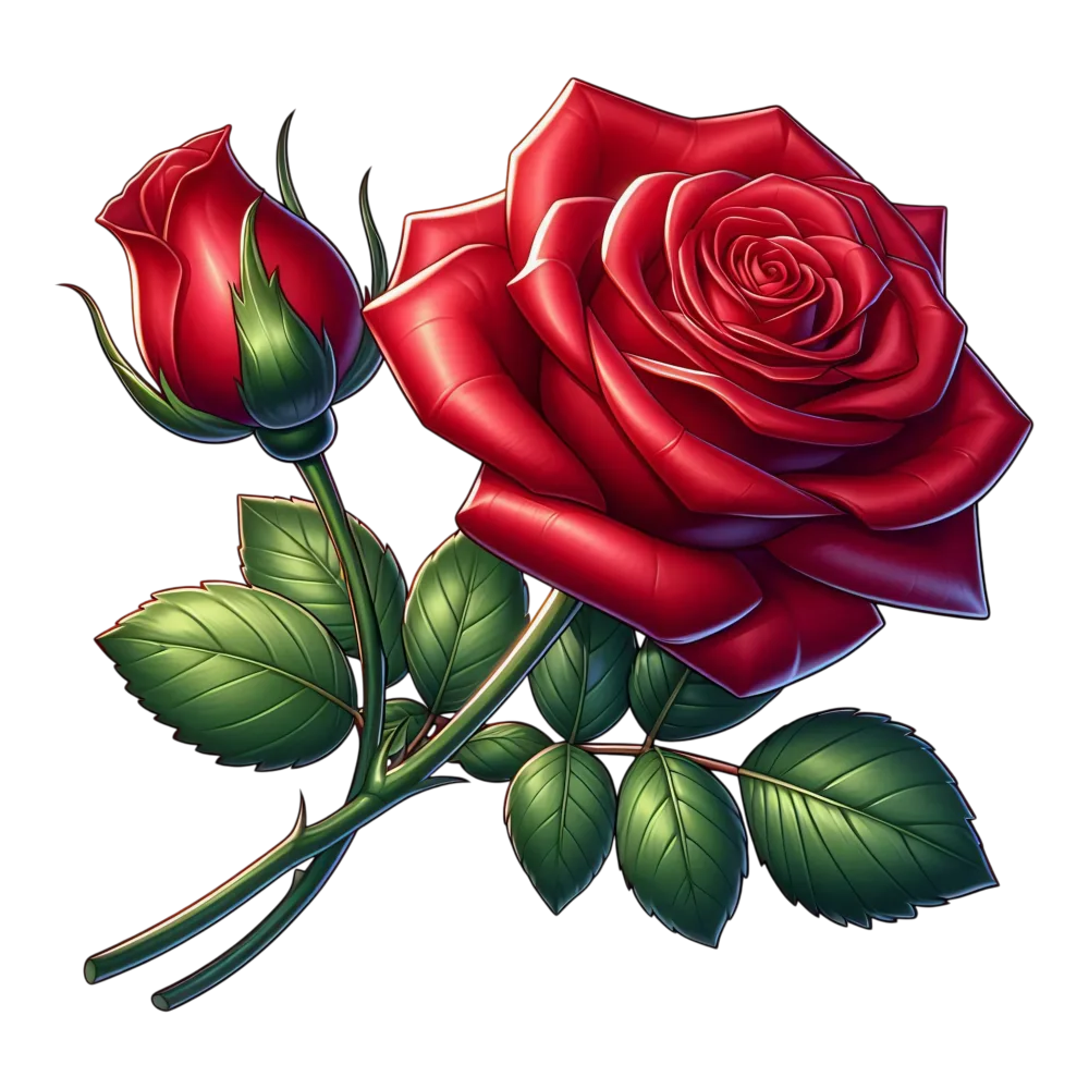 Realistic Red Rose and Bud with Green Leaves