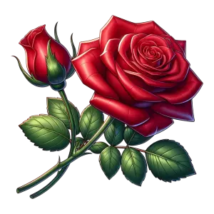 Realistic Red Rose and Bud with Green Leaves