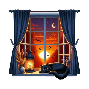 Black Cat Relaxing on Window Sill at Sunset with Lantern and Blue Curtains