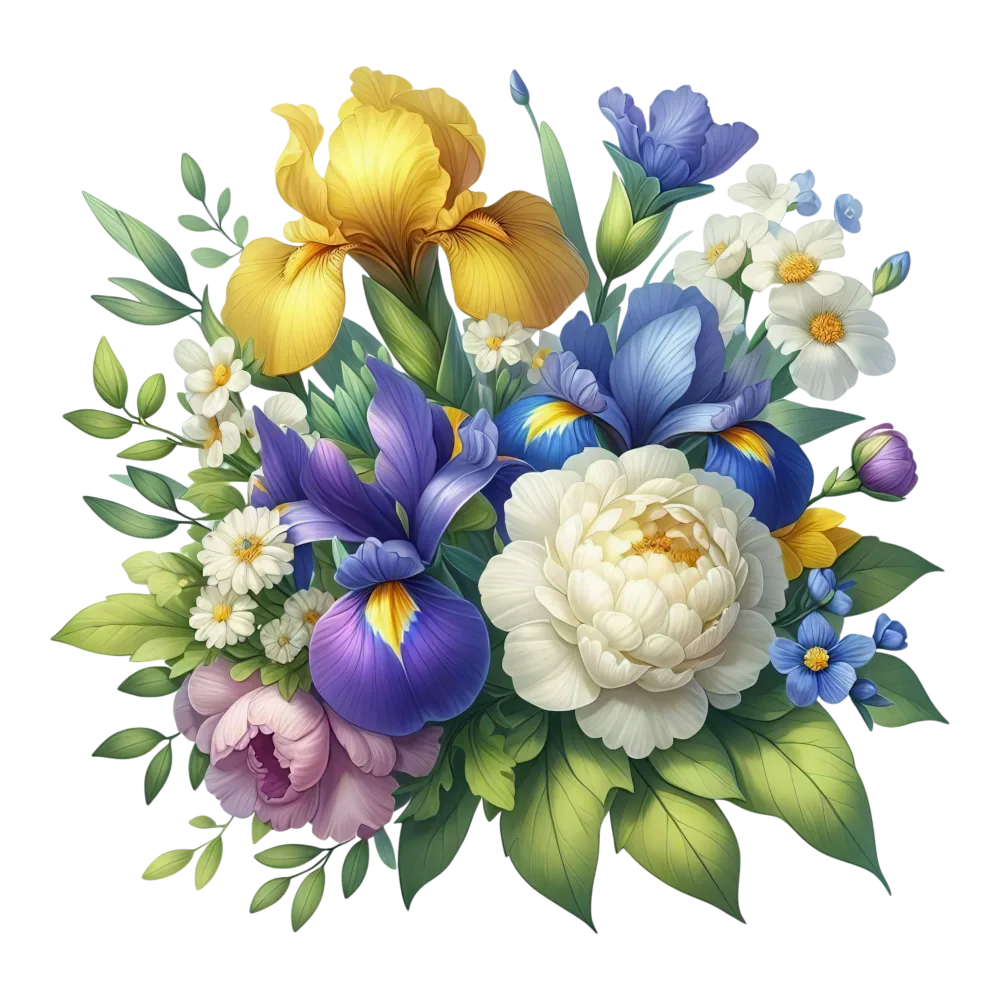 Colorful Bouquet of Iris, Peony, and Daisies