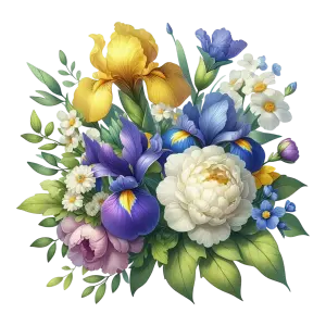 Colorful Bouquet of Iris, Peony, and Daisies