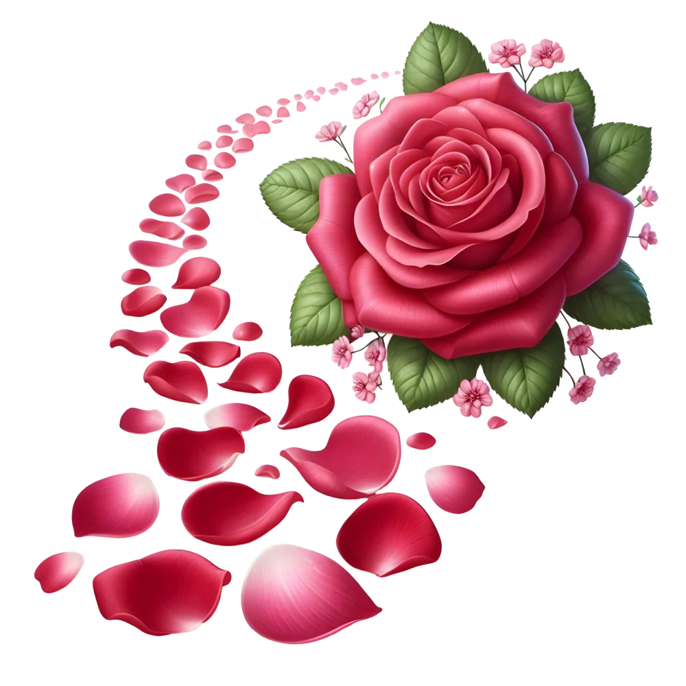 Red Rose with Falling Petals and Green Leaves