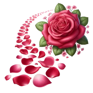 Red Rose with Falling Petals and Green Leaves