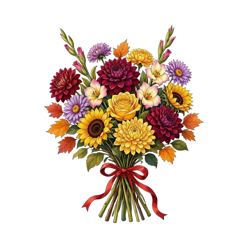 Colorful Mixed Flower Bouquet with Autumn Leaves