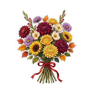 Colorful Mixed Flower Bouquet with Autumn Leaves