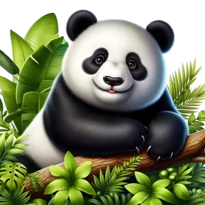 Cute Cartoon Panda Sitting on a Tree Branch with Lush Green Leaves