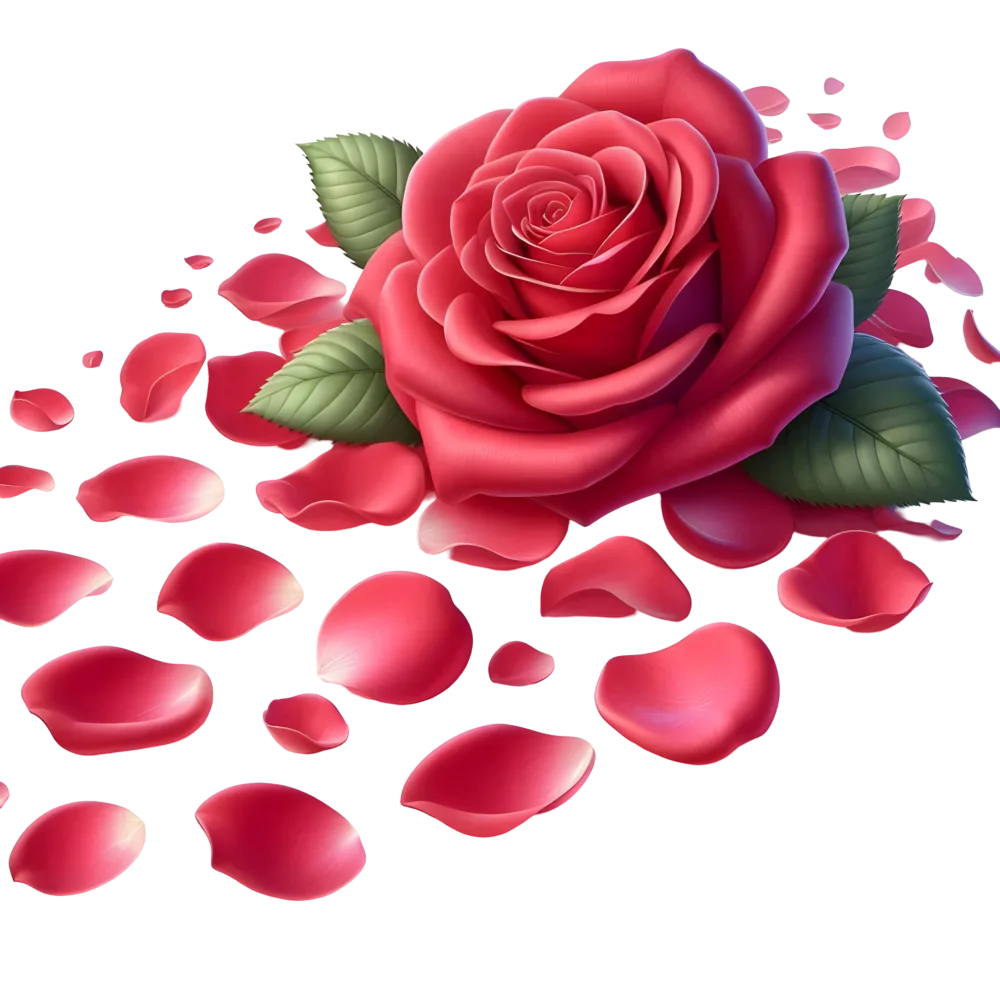 Detailed Red Rose with Scattered Petals and Green Leaves