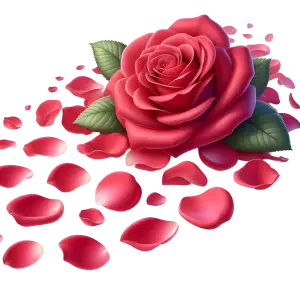 Detailed Red Rose with Scattered Petals and Green Leaves