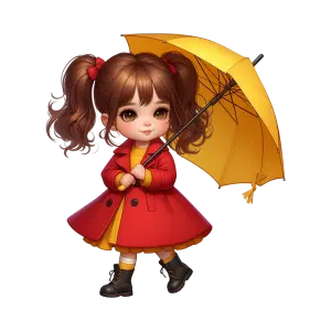Cute Cartoon Girl in Red Coat Holding Yellow Umbrella