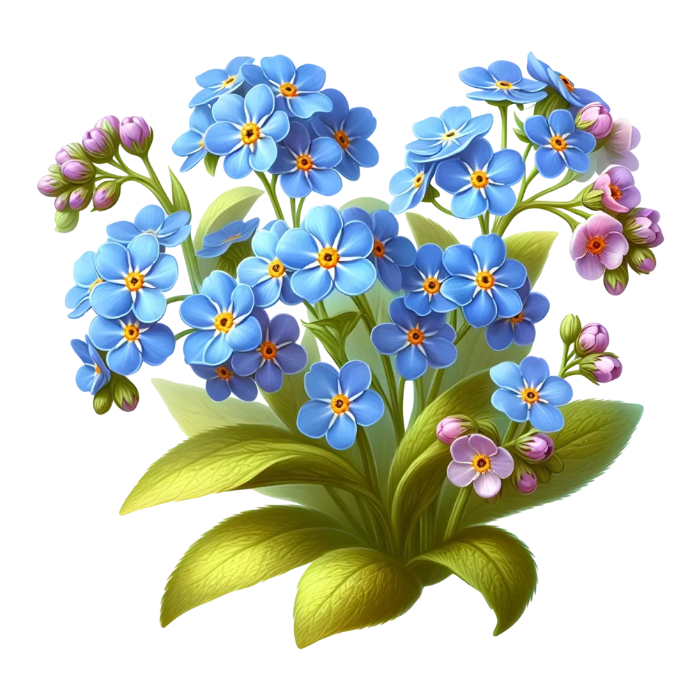Blue and Pink Forget-Me-Not Flowers with Green Leaves