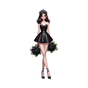 Fashion Illustration of Elegant Woman in Black Dress with Black Rose Bouquets