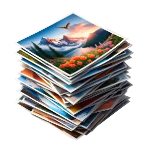 Stack of Colorful Landscape Photographs with Mountain and Floral Scenes