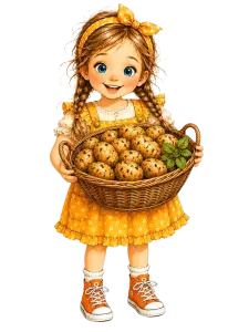 Cute Little Girl Holding Basket of Potatoes