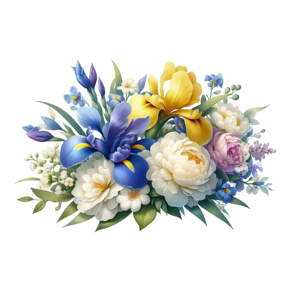 Colorful Bouquet of Iris and Peony Flowers