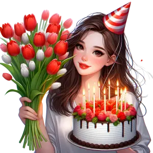 Illustrated Young Woman with Birthday Cake and Tulips
