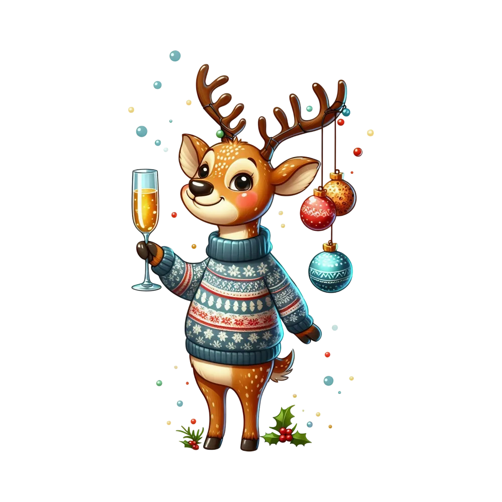 Christmas Reindeer in Festive Sweater Holding Champagne