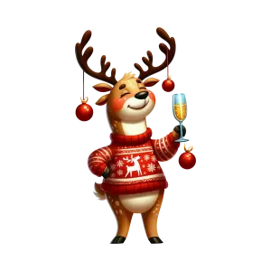 Festive Reindeer Wearing Christmas Sweater Holding Champagne Glass