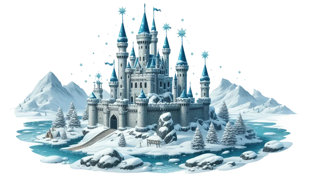 Snowy Ice Castle with Blue Turrets in Winter Landscape