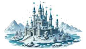 Snowy Ice Castle with Blue Turrets in Winter Landscape