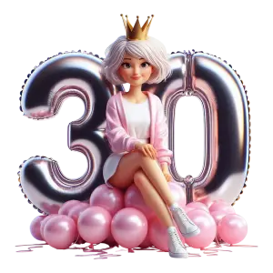30th Birthday Cartoon Girl with Crown and Balloons