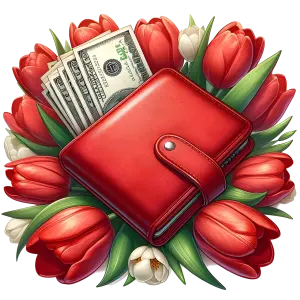 Red Leather Wallet with Cash Surrounded by Red and White Tulips