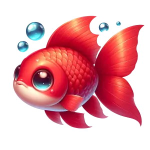 Cute Cartoon Red Goldfish with Big Eyes and Blue Bubbles
