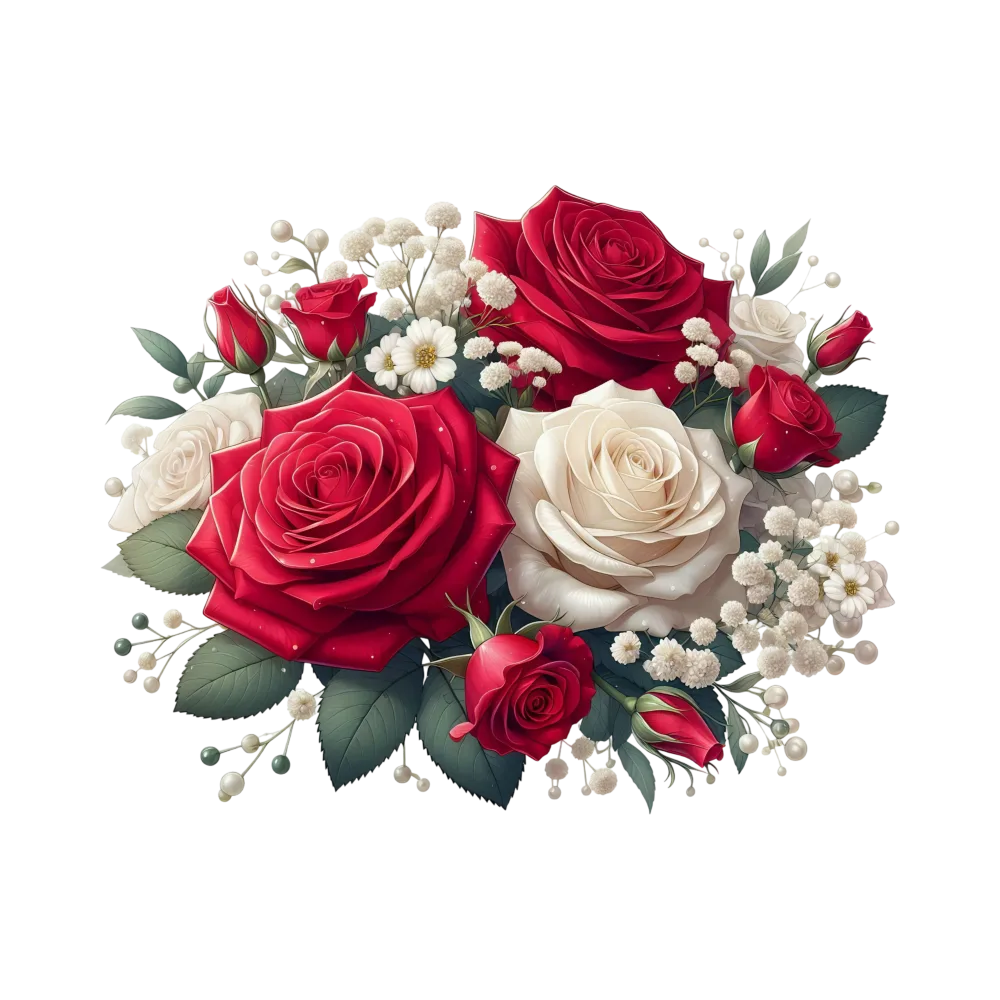 Bouquet of Red and White Roses with Baby's Breath Flowers