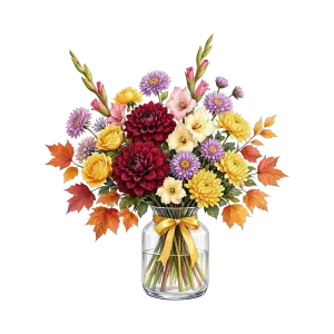 Colorful Autumn Bouquet in Glass Vase with Yellow Ribbon