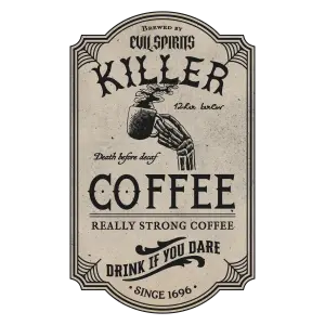 Vintage Killer Coffee Label with Skeleton Hand and Strong Brew Warning