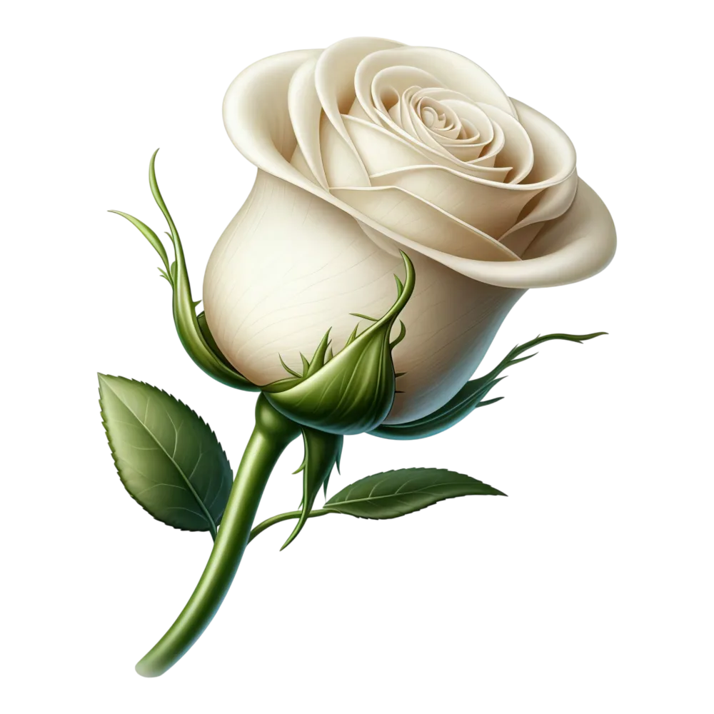 Realistic White Rose with Green Leaves