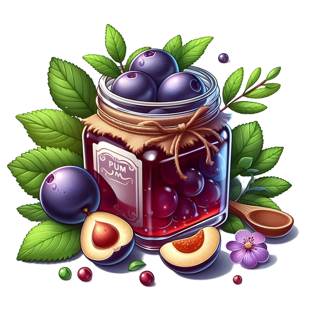 Jar of Plum Jam with Fresh Plums and Leaves