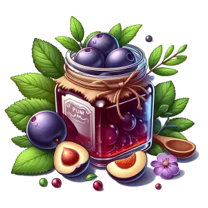 Jar of Plum Jam with Fresh Plums and Leaves