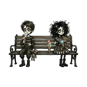 Gothic Cartoon Boy and Girl Sitting on Bench with Ice Cream