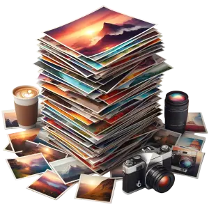 Stack of Landscape Photographs with Vintage Camera, Lens, and Coffee Cup