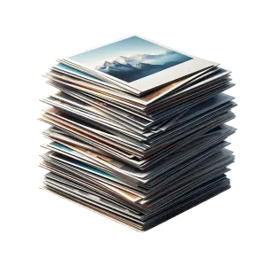Stack of Printed Photographs with Mountain Landscape
