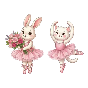 Cute Bunny and Cat Ballet Dancers in Pink Tutus