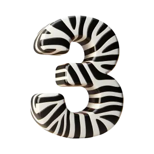 3D Number Three with Black and White Zebra Stripes