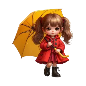 Cute Little Girl with Yellow Umbrella in Red Coat