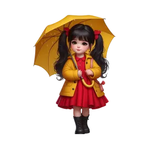 Cute Girl in Yellow Raincoat Holding Umbrella