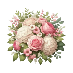 Bouquet of Pink and White Roses with Green Leaves