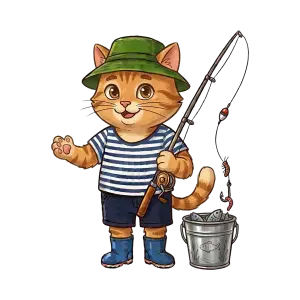 Cartoon Cat with Fishing Rod and Bucket of Fish
