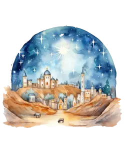 Watercolor Night Sky Over Ancient Village