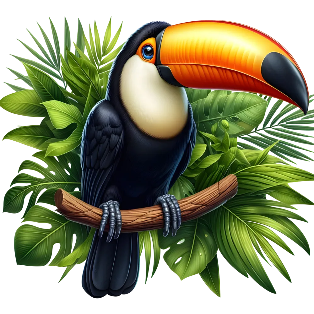 Toucan Bird Sitting on Branch with Tropical Leaves