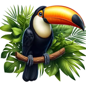 Toucan Bird Sitting on Branch with Tropical Leaves
