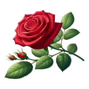 Realistic Red Rose with Buds and Green Leaves