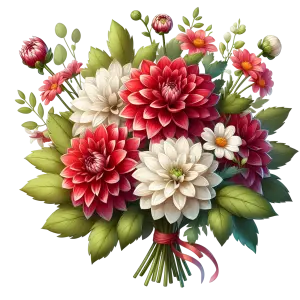 Bouquet of Red and White Dahlias with Green Leaves