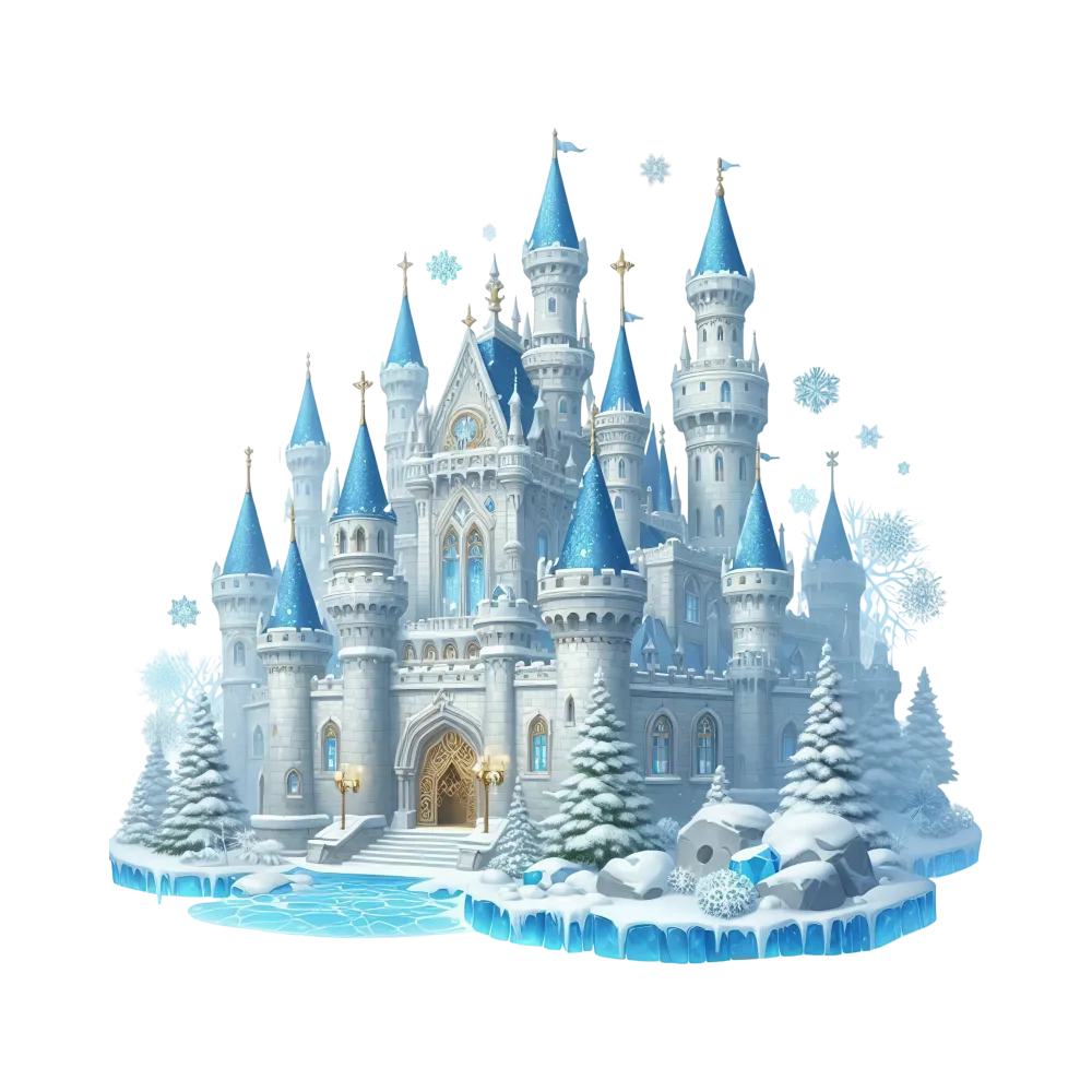 Frozen Winter Castle with Blue Turrets and Snowy Landscape