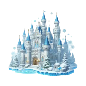 Frozen Winter Castle with Blue Turrets and Snowy Landscape