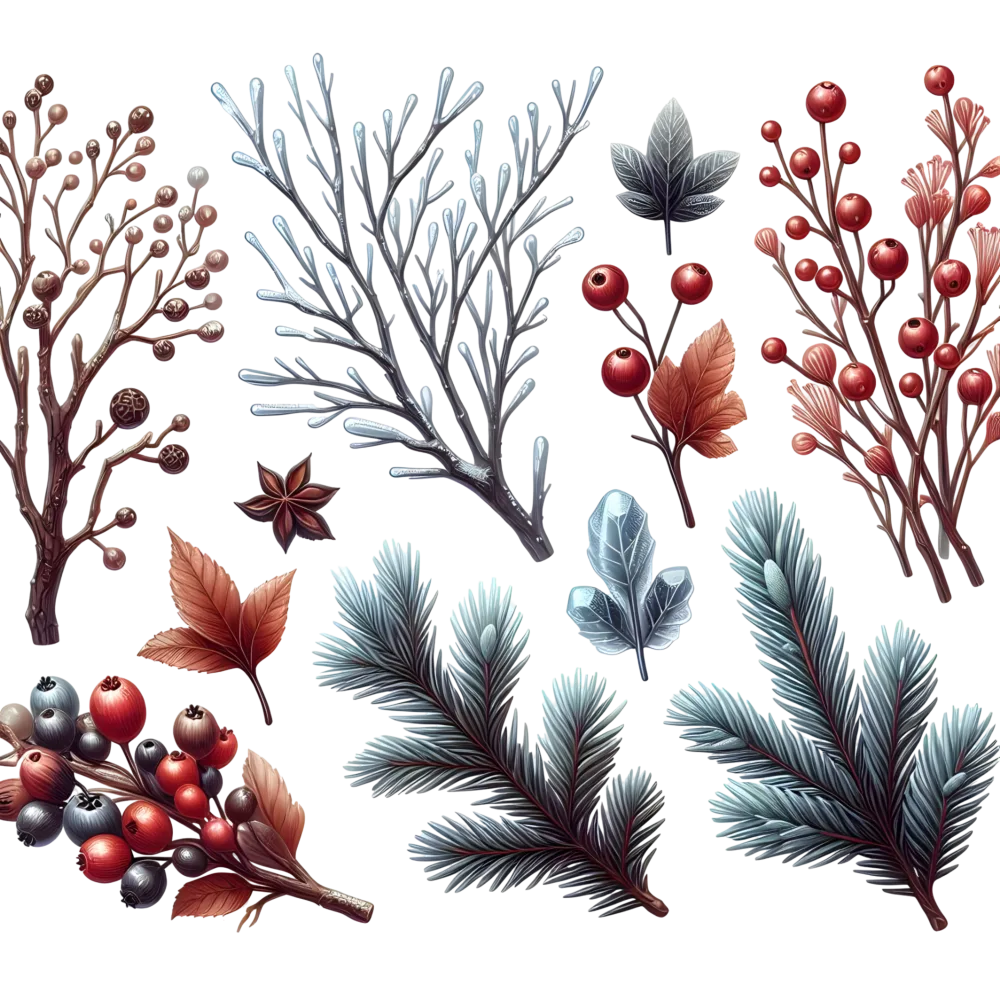 Winter and Autumn Botanical Elements PNG Set