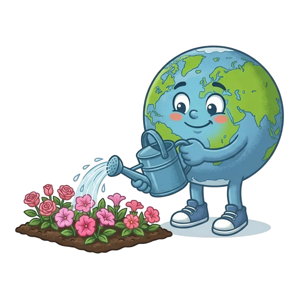 Cartoon Earth Watering Flowers with a Watering Can